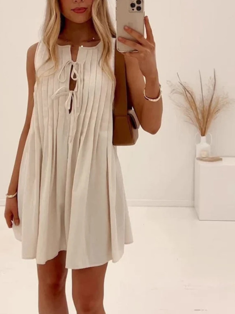 NWT A.REN 100% Linen Sleeveless Cream Tie-Front Pleated Mini Dress